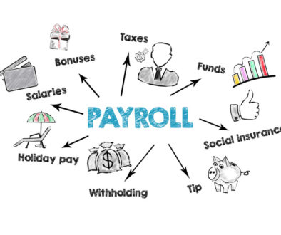 Payroll, work, opportunities, finance and insurance concept. Chart with keywords and icons on white background